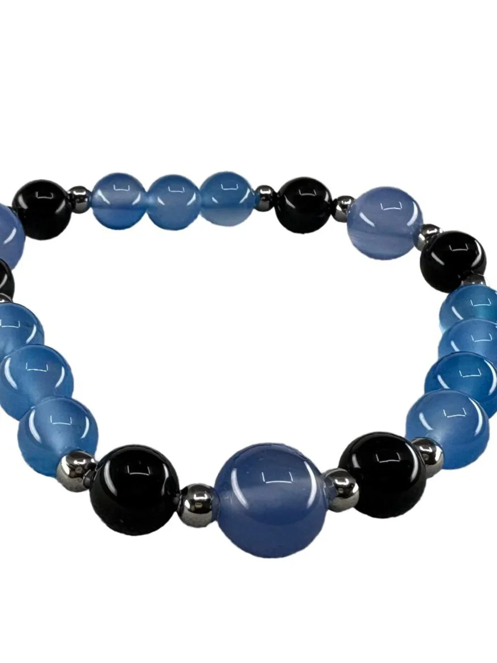 Blue Agate Black Obsidian Beaded Stretch Bracelet 6.75